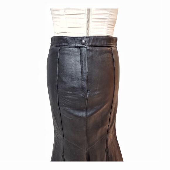 VINTAGE Leather Black Trumpet Skirt Size 6/8 Fishtail Pencil Gothic Retro Rocker - Picture 7 of 8